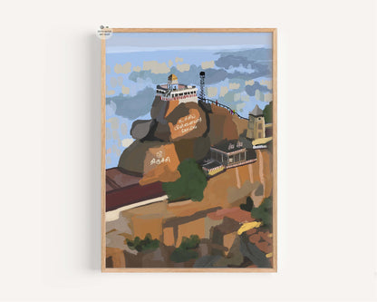 Hand illustrated Ucchi Pillayar Kovil art print showing the iconic Rockfort temple in Trichy, Tamil Nadu