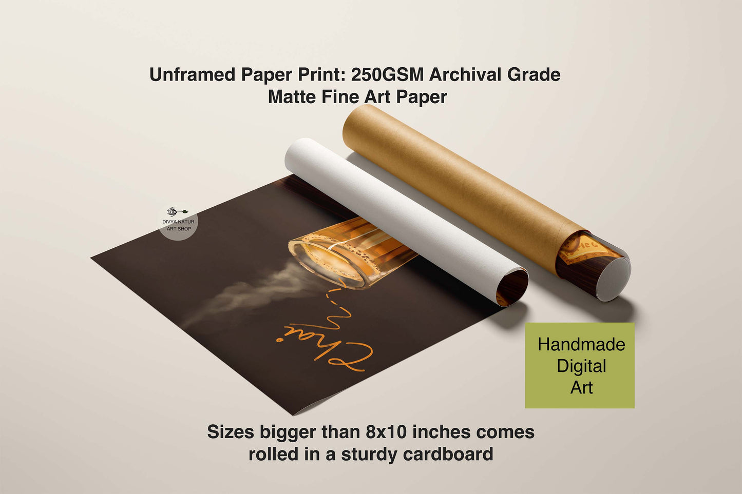 Chai Art Unframed paper print with a roll of matte fine art paper on a beige background