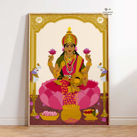 Goddess Lakshmi premium art print seated on lotus with golden coins and lotuses