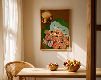 Vibrant art print of South Indian breakfast with filter coffee and cultural charm.