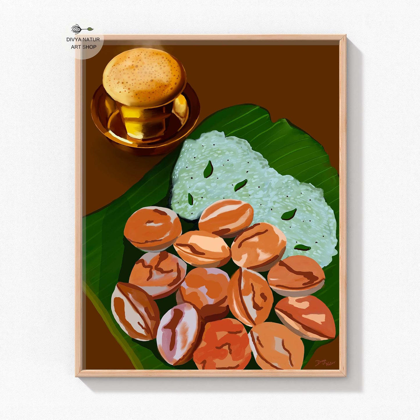 Handcrafted South Indian breakfast artwork with filter coffee, instant download.