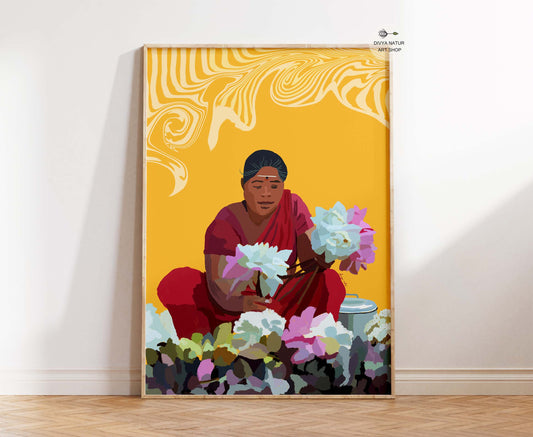 South Indian woman holding lotus flowers, fine art print symbolizing beauty and devotion.