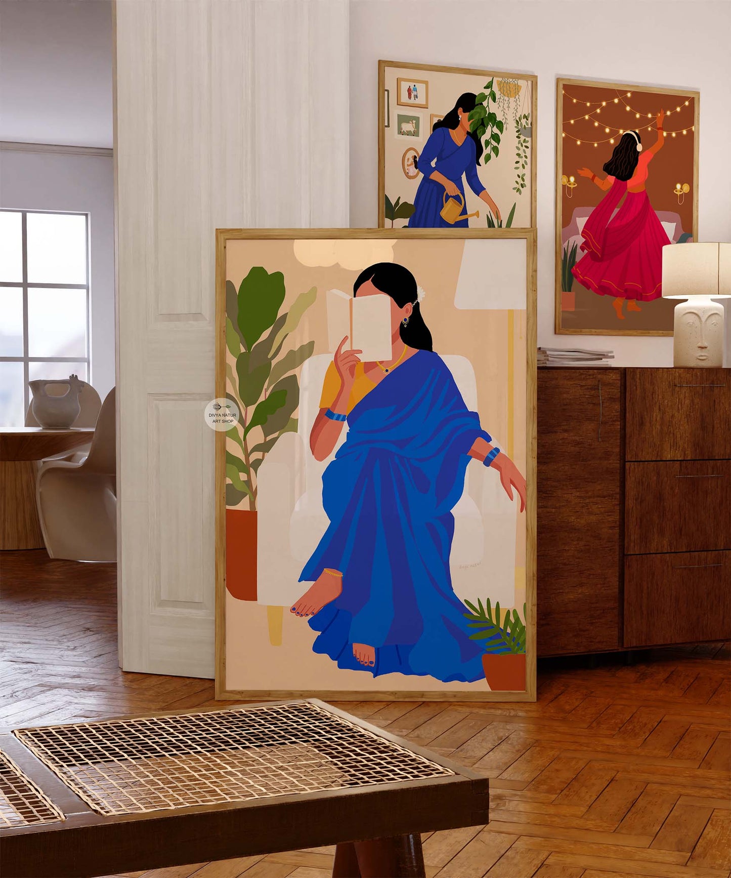 Illustration of Indian woman reading book on chair, surrounded by greenery and warm tones