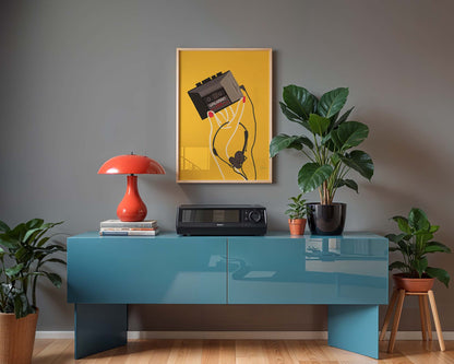 Vibrant Walkman artwork capturing nostalgia of portable music in the 90s