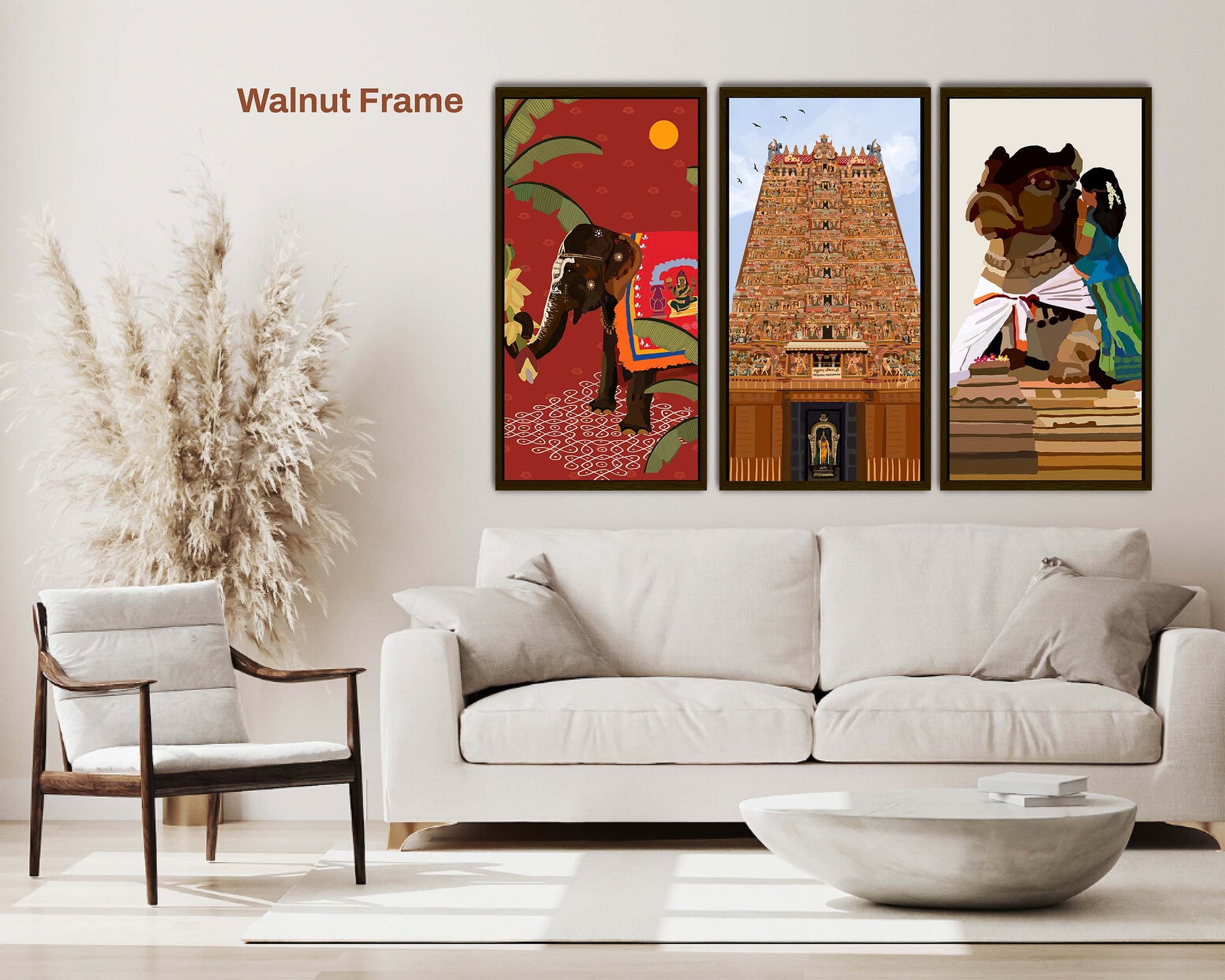 Rare sanctum depiction of Meenakshi Amman with cultural motifs and floating frame canvas design.