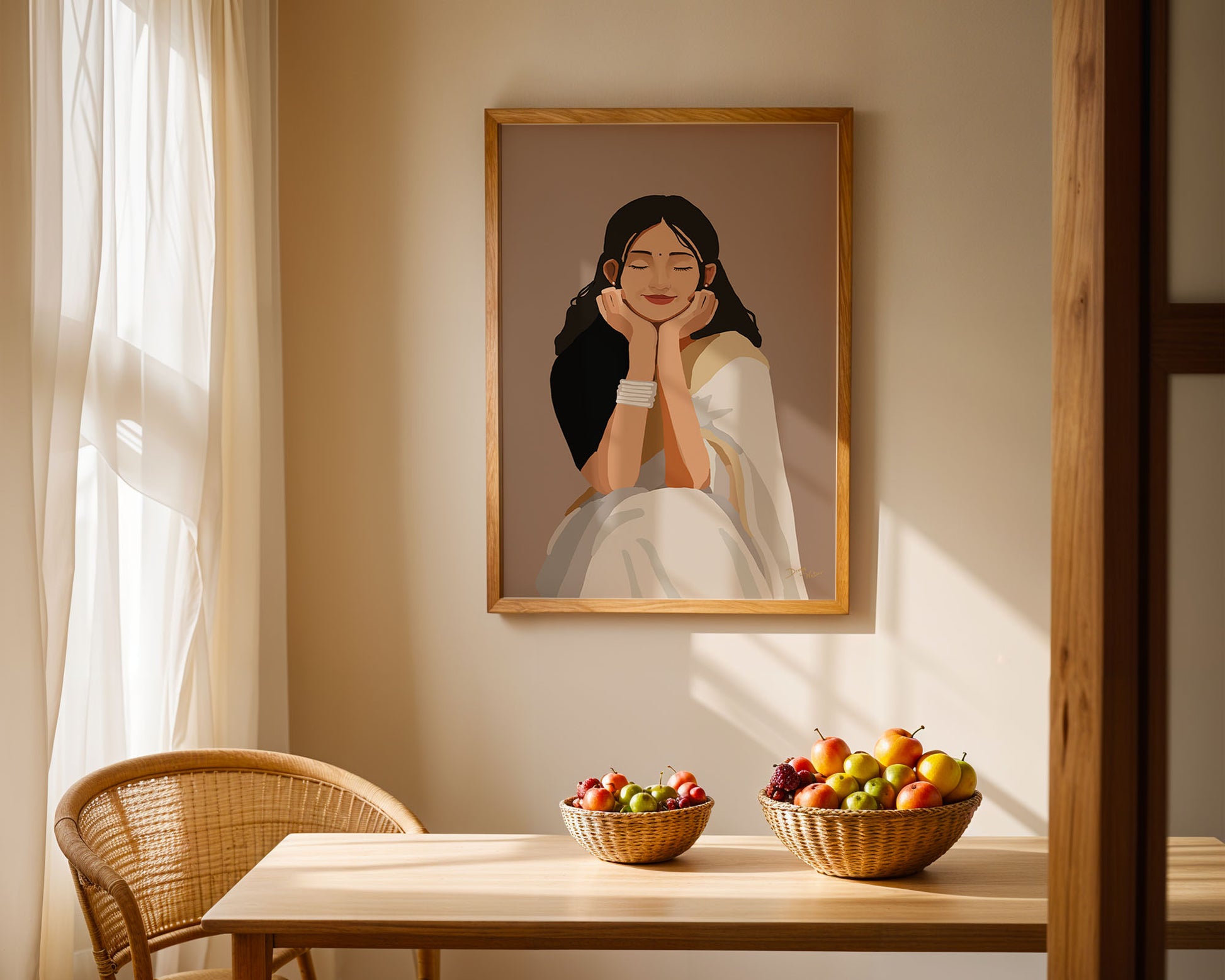 Serene Indian woman in white saree art print for home decor