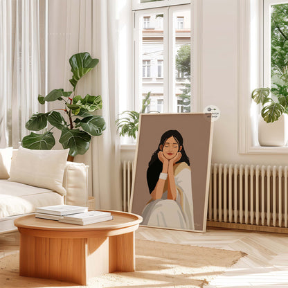 Ethnic Indian wall art featuring a calm woman in a white saree