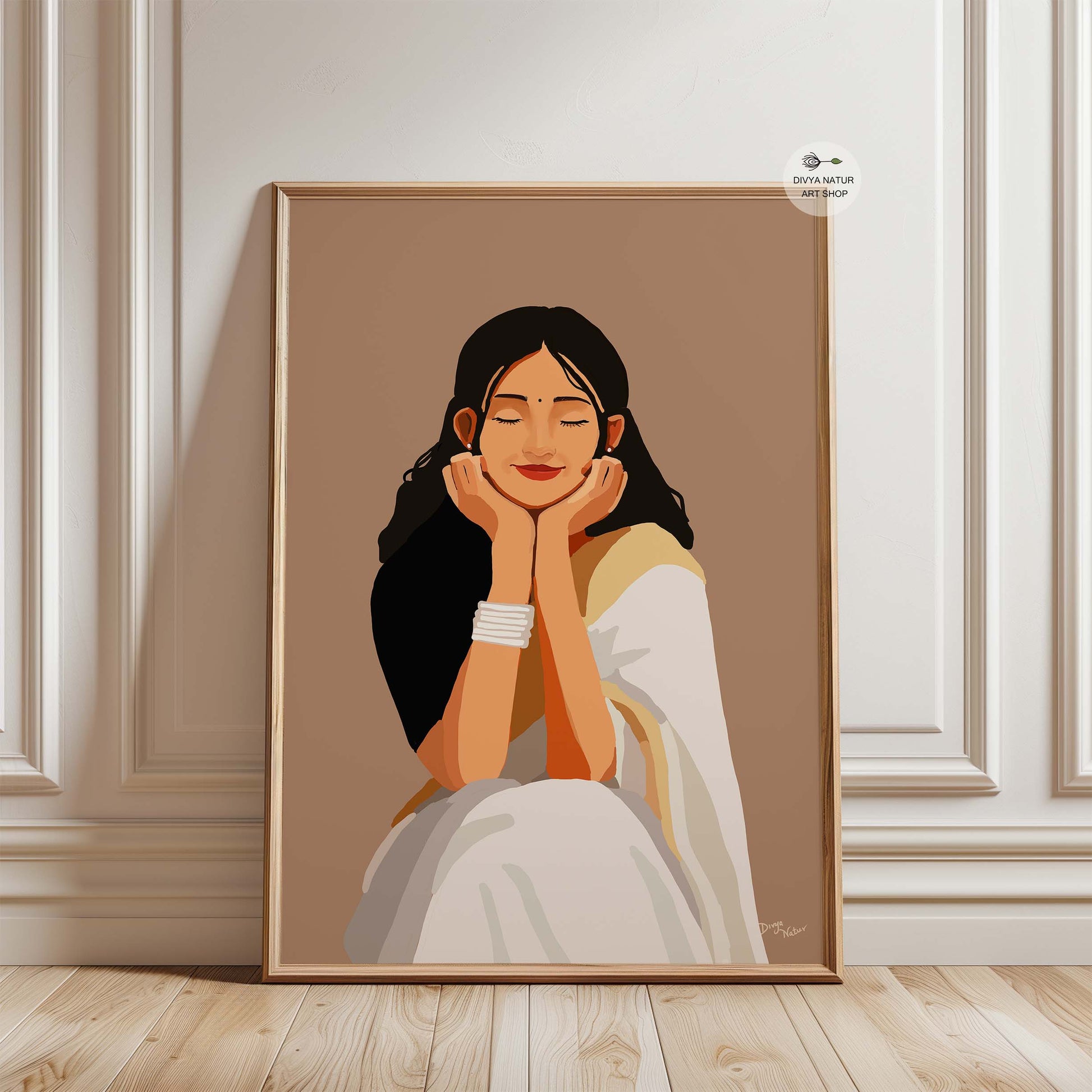 Peaceful Indian woman in saree with a minimalist design