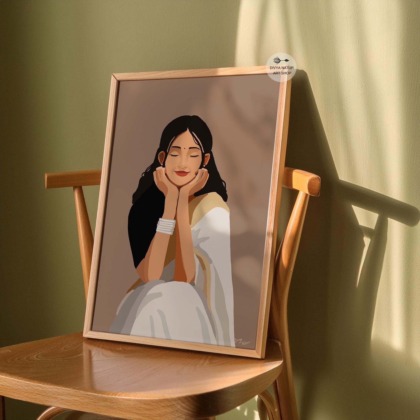 Calm and serene Indian woman in traditional white saree artwork