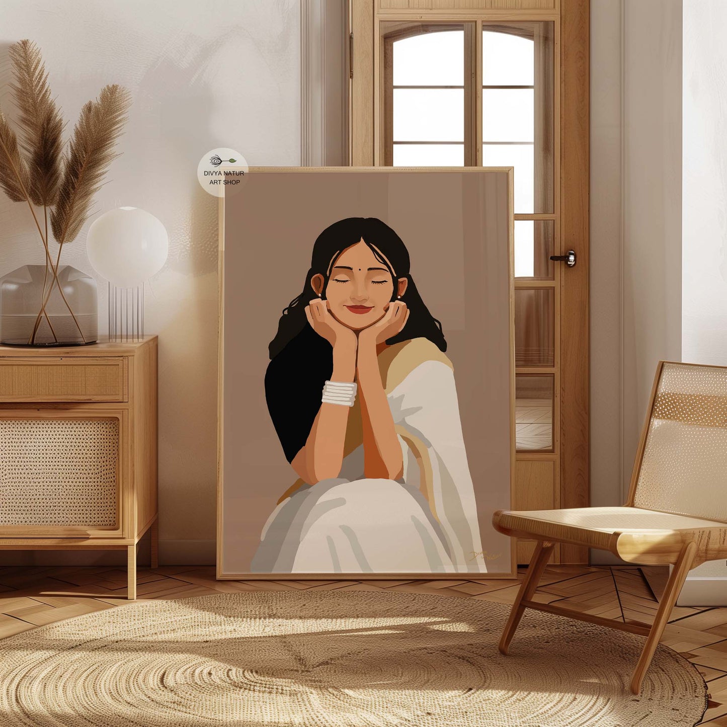 Ethnic Indian decor with a portrait of a peaceful woman in a saree