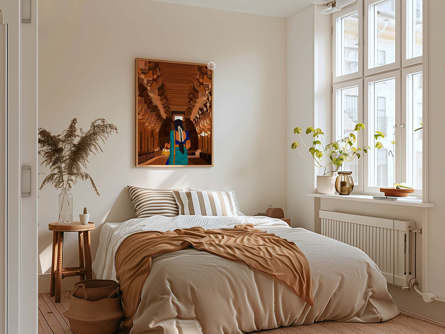 Hand illustrated Indian woman temple visit artwork featuring stone pillars and traditional architecture