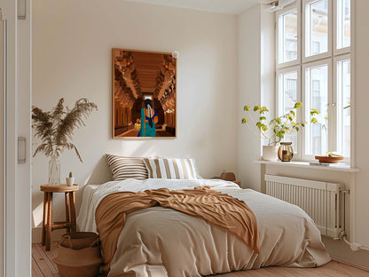 Hand illustrated Indian woman temple visit artwork featuring stone pillars and traditional architecture