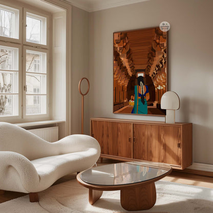 Indian heritage wall decor showing daily temple visit scene inside ancient stone corridor