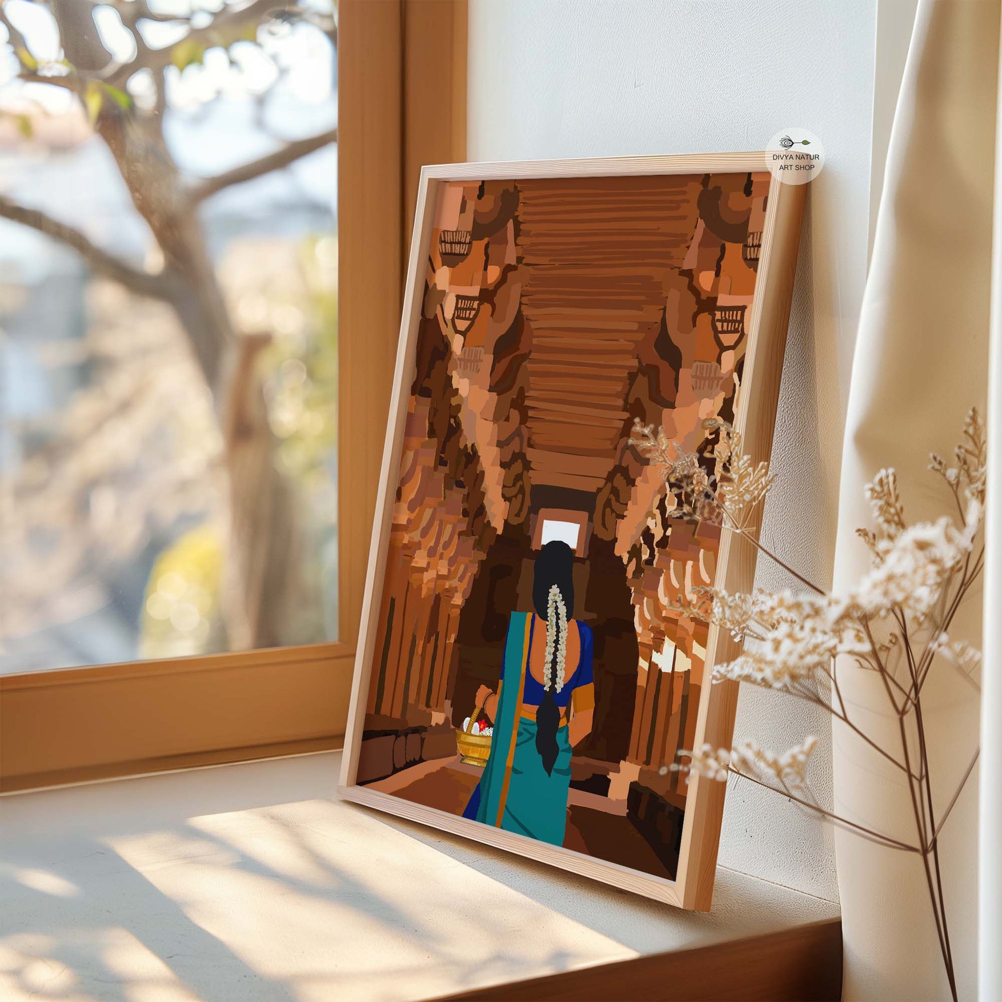 Temple corridor wall art inspired by South Indian stone temples and devotional practices