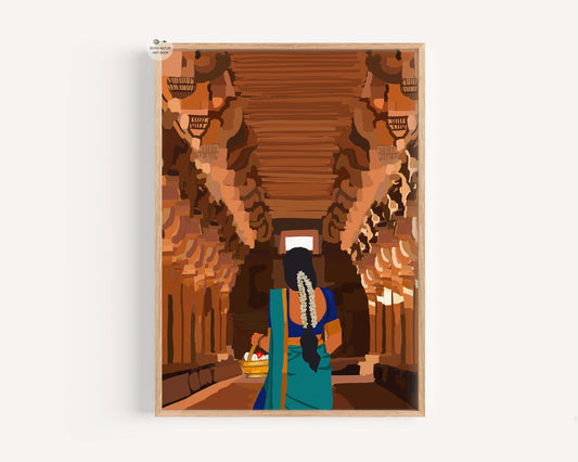 South Indian temple corridor art showing a woman in saree walking toward sanctum with offerings