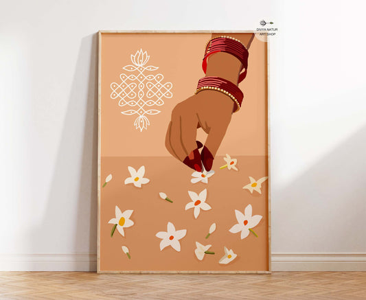Indian kolam artwork with woman picking jasmine flowers in a calm minimal illustration