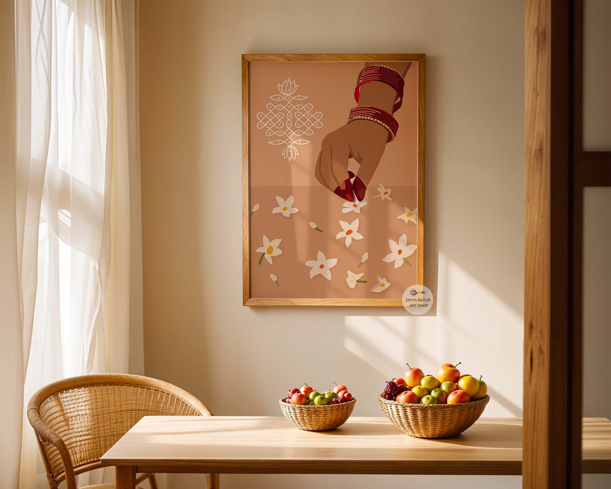 South Indian aesthetic art showing hand picking jasmine flowers near kolam design