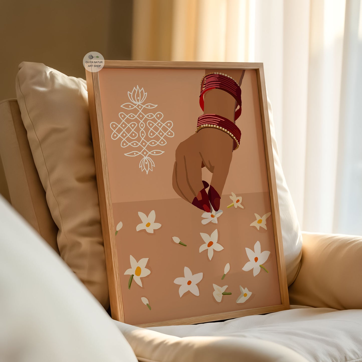 Jasmine flower illustration with traditional kolam pattern and warm earthy tones