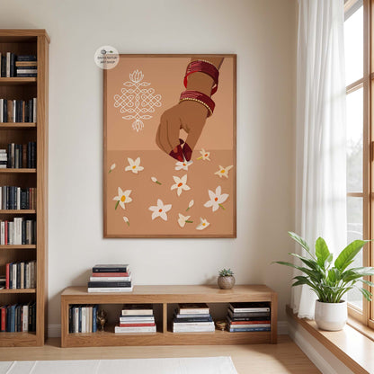 Indian home decor art showing jasmine flowers scattered with traditional kolam