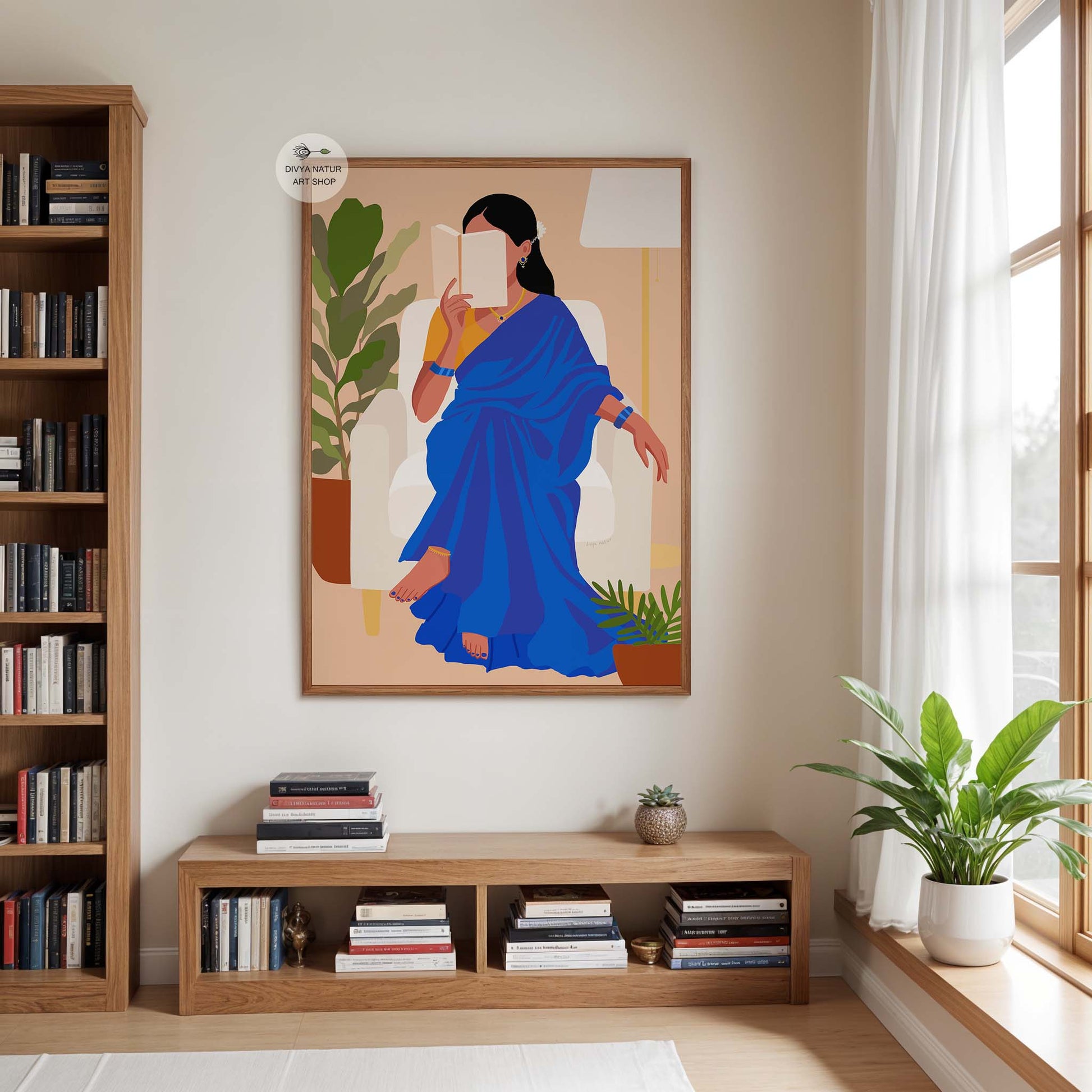 Cozy lifestyle art print of woman in traditional saree spending quiet time with her book