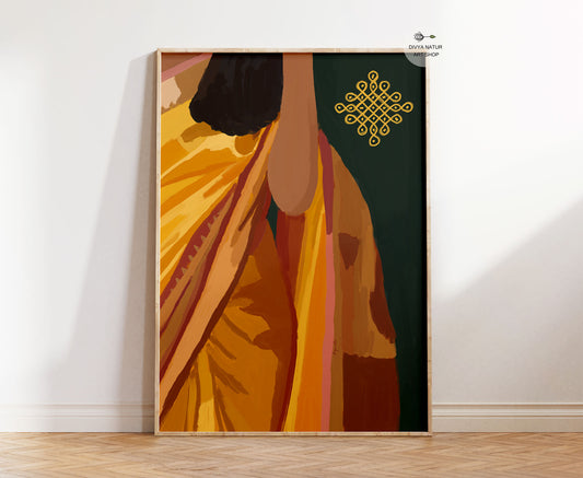 Contemporary Indian art print featuring a woman in a flowing yellow saree with modern painterly brushstrokes