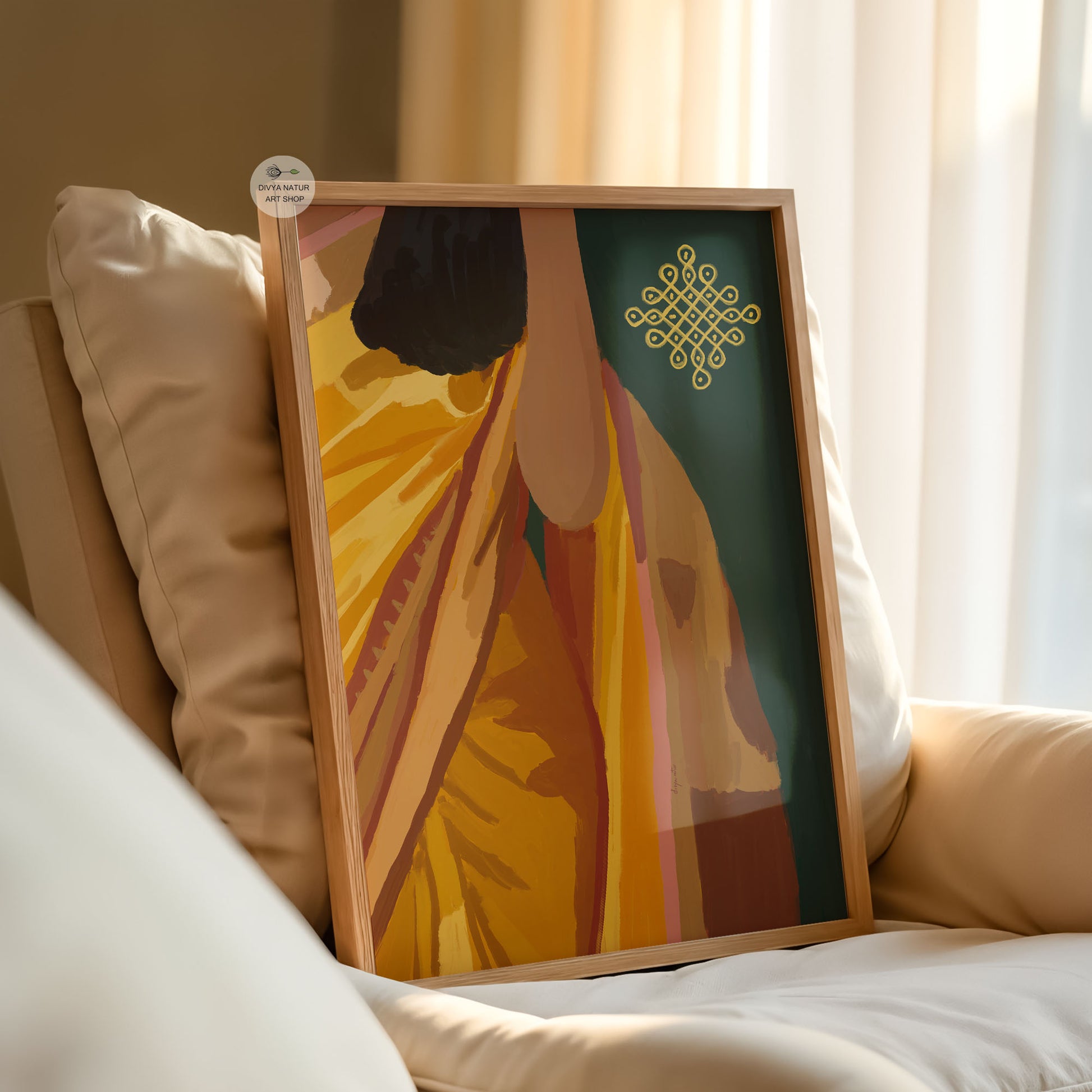 Hand illustrated Indian painting inspired by traditional saree draping in rich mustard and earthy tones