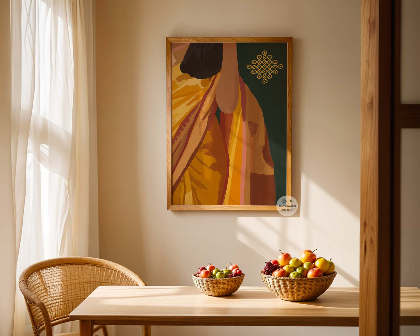 Modern Indian wall art with elegant saree folds and deep green background for luxury interiors