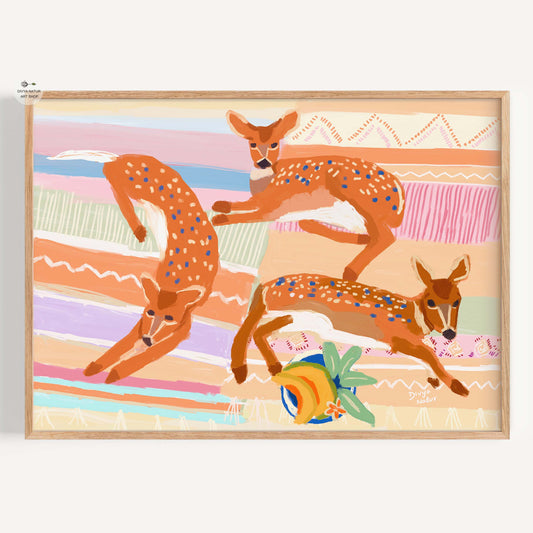 Colorful fine art print of three playful deer leaping and resting in an abstract meadow design
