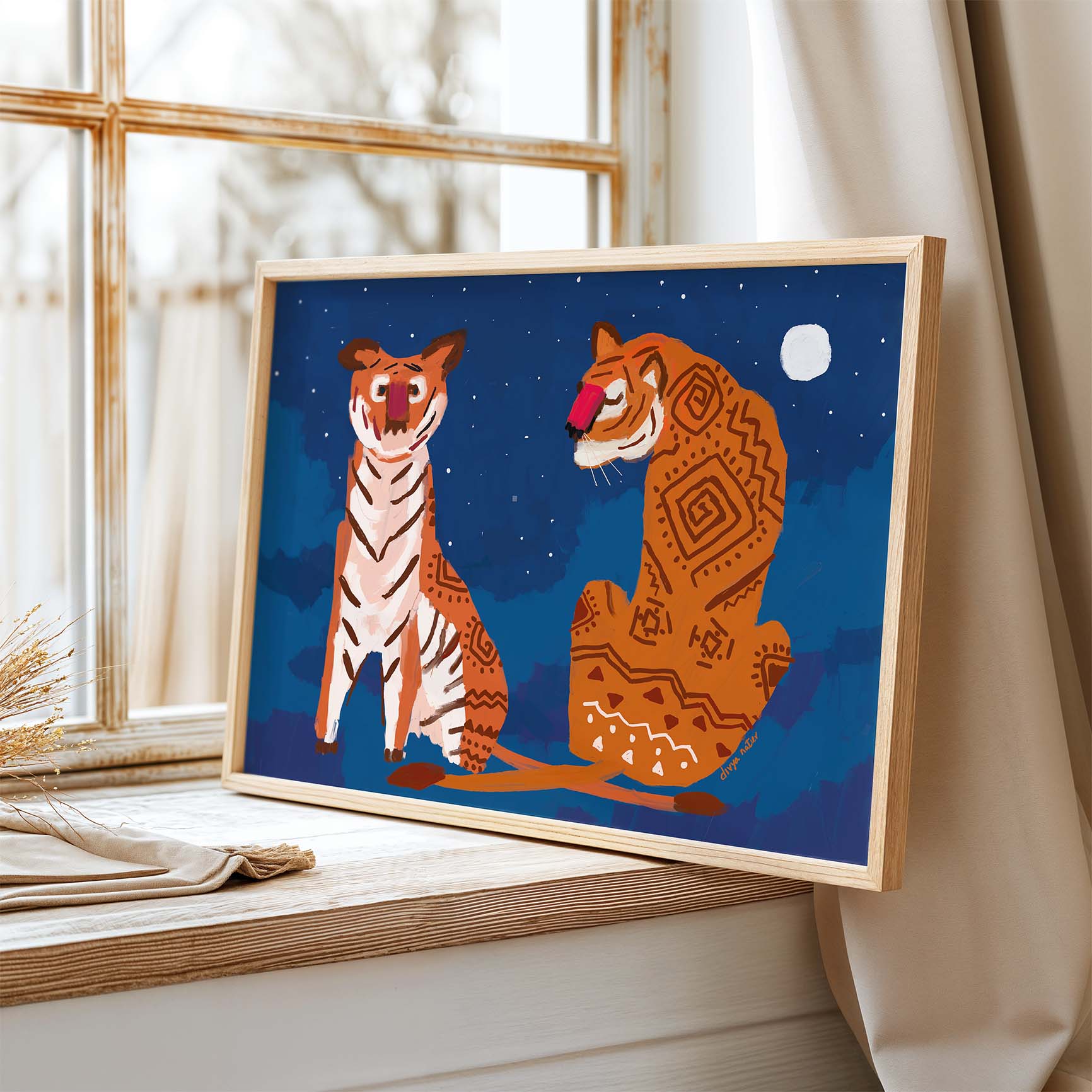 Mystical tiger fine art print with two tigers under a moonlit night sky and star-filled background