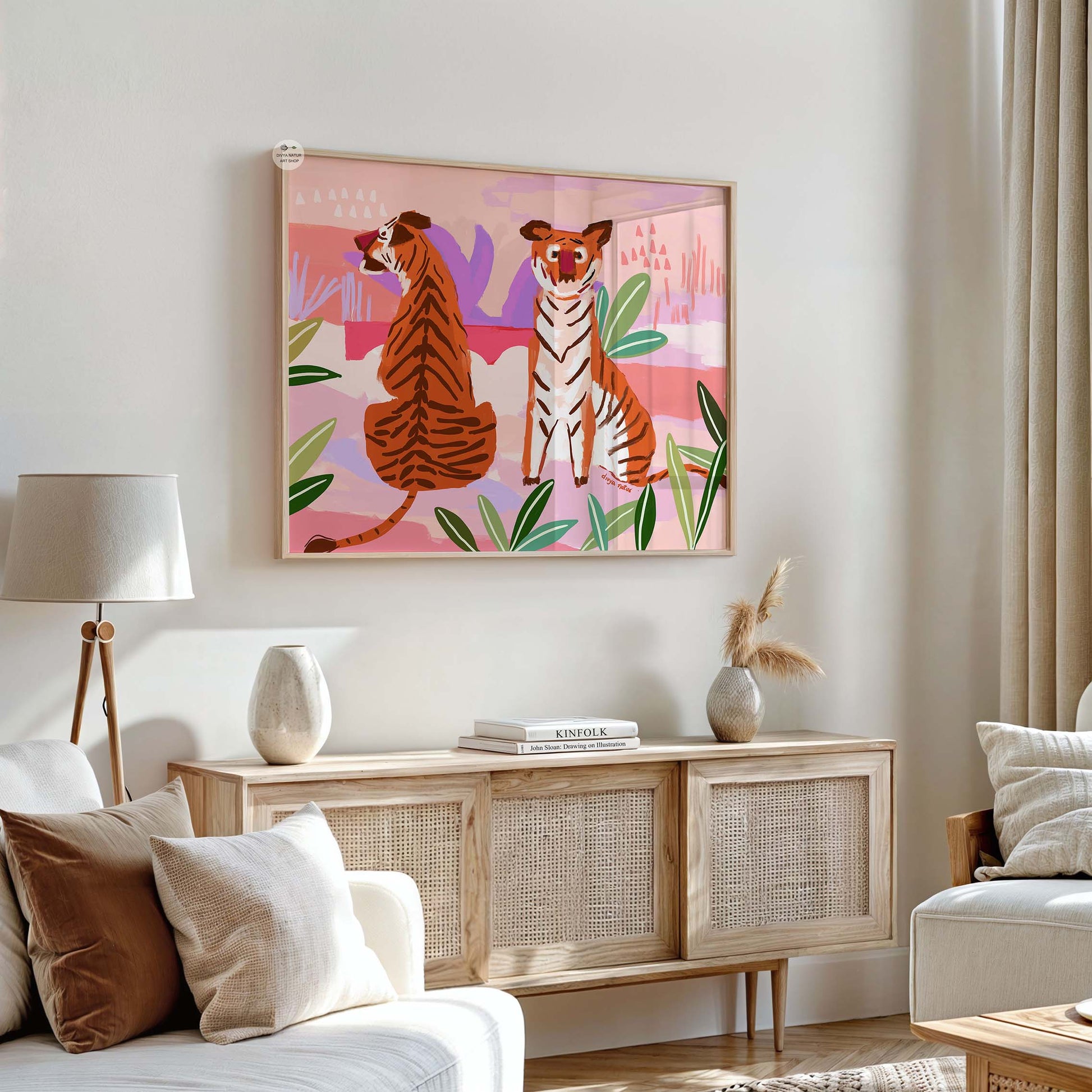 Two tigers resting in a pink jungle setting, colorful fine art print with tropical greenery and pastels