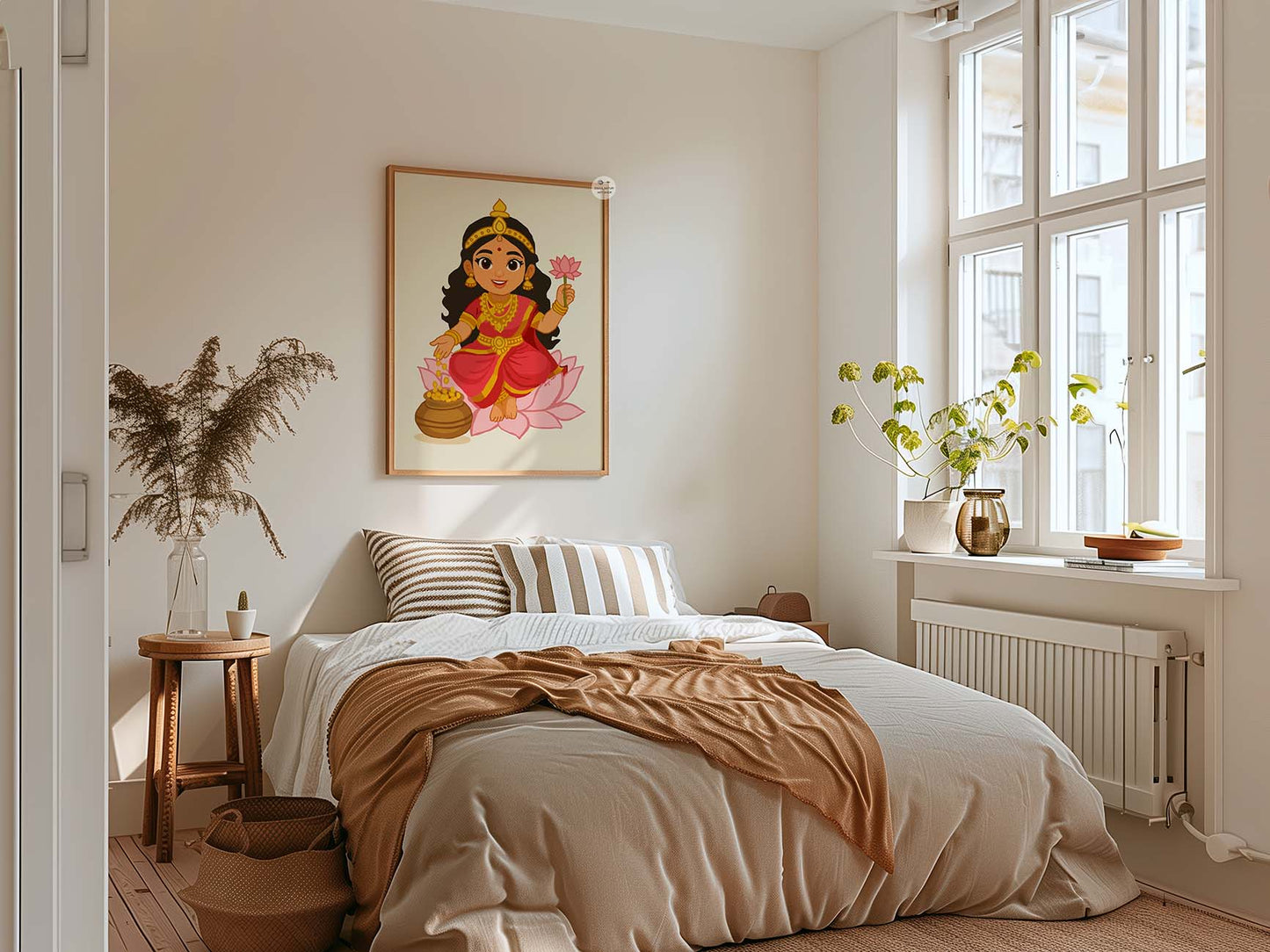 Spiritual art print of goddess Lakshmi holding lotus and gold pot, Indian artwork.