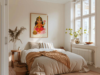 Spiritual art print of goddess Lakshmi holding lotus and gold pot, Indian artwork.