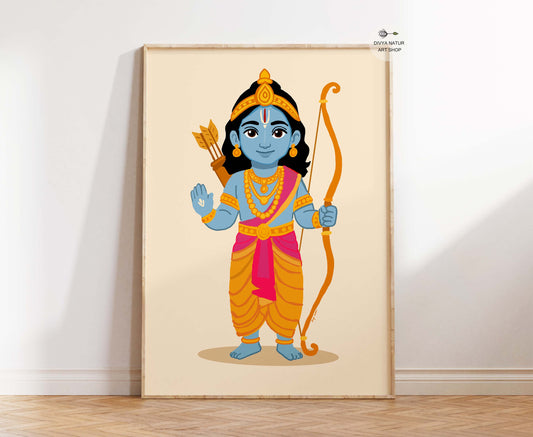 Baby Lord Rama artwork holding bow and arrows in cute devotional style for nursery or pooja decor