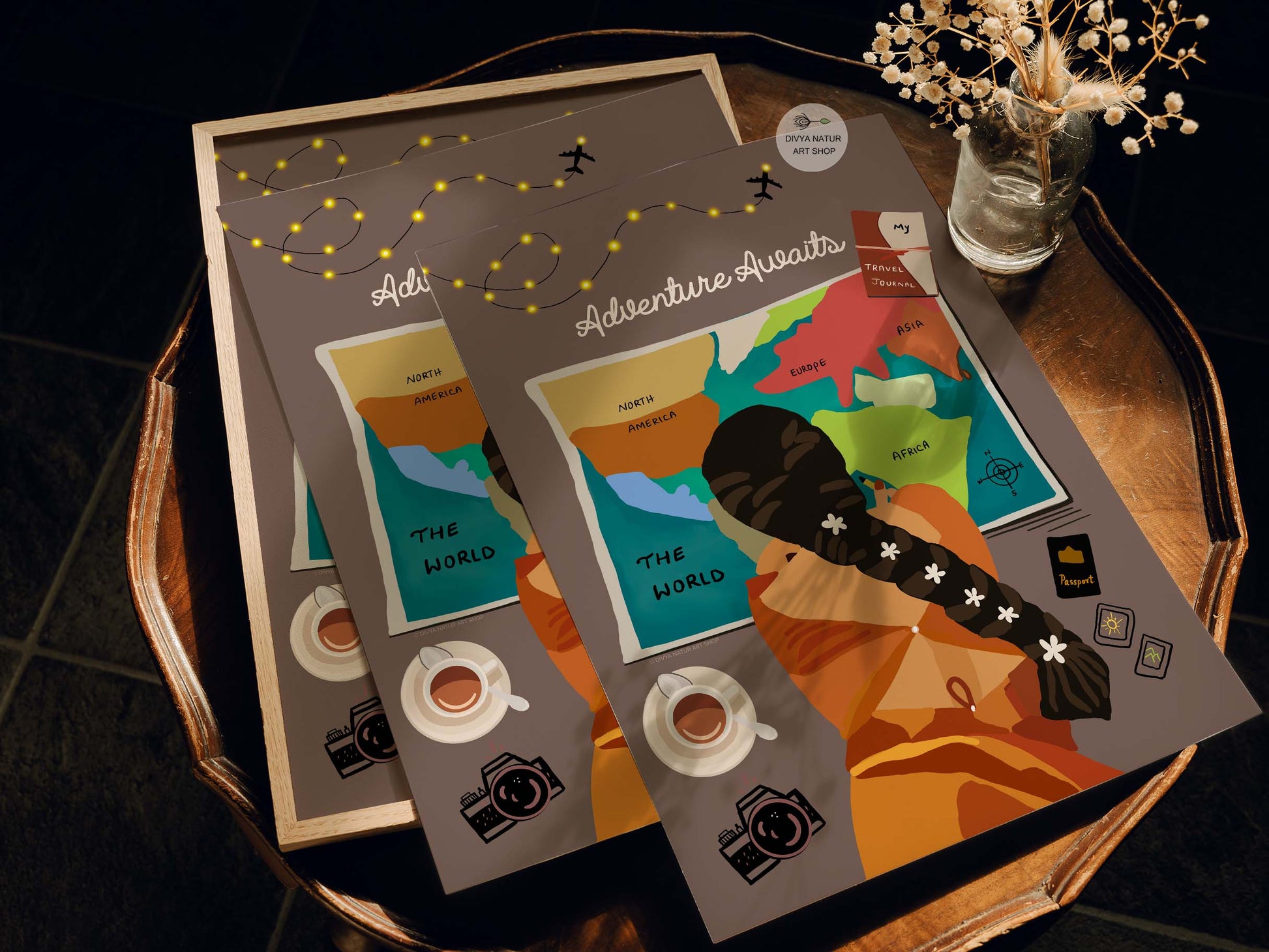 Customizable "Adventure Awaits" art print for living room or study.