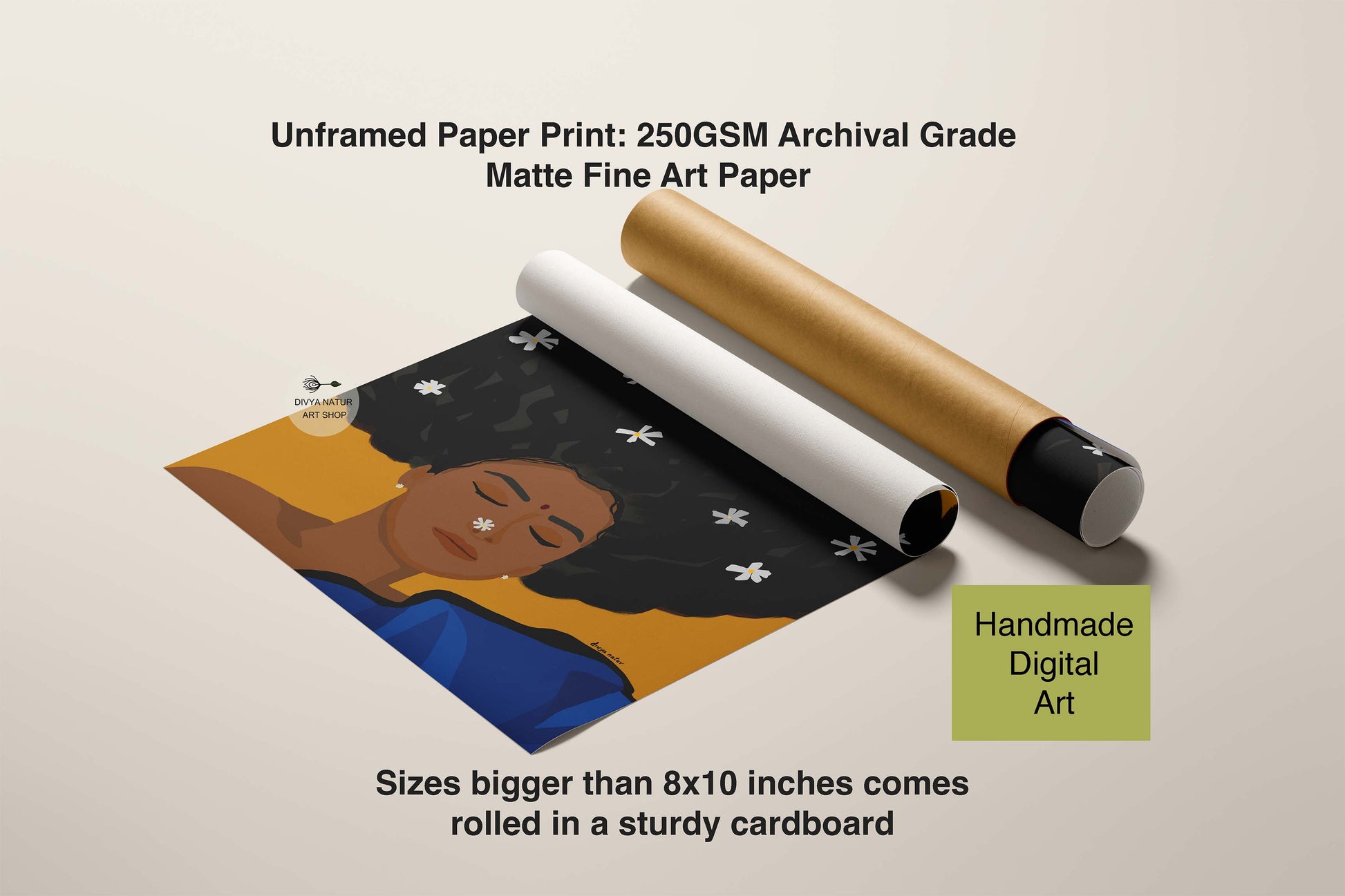 Premium art print showing woman in blue drape with flower details