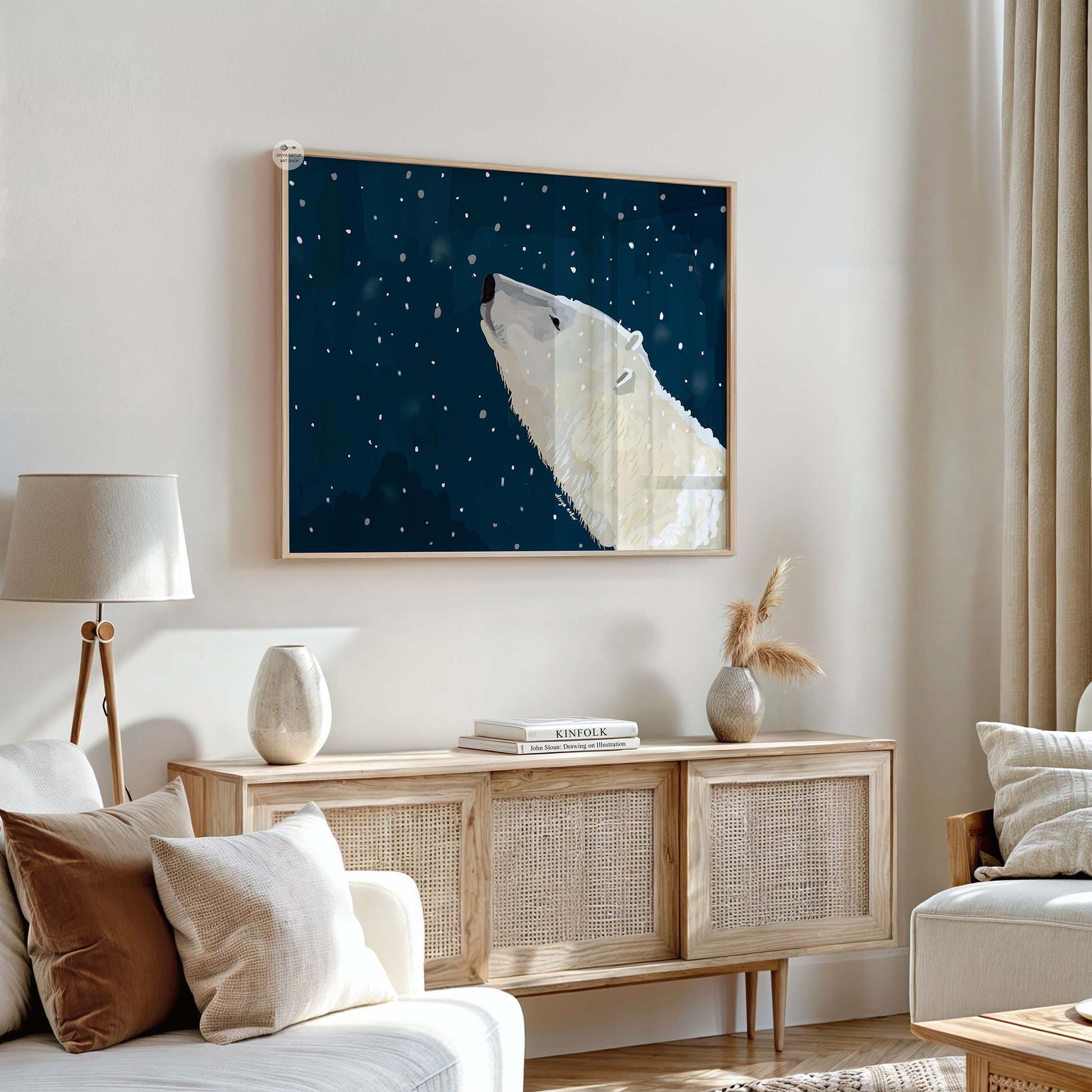 Polar bear gazing up at a starry night sky with snow, fine art wildlife print for winter décor