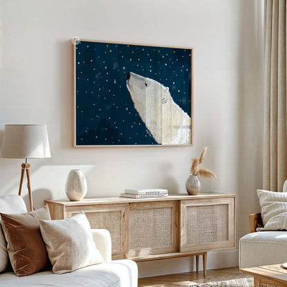 Polar bear gazing up at a starry night sky with snow, fine art wildlife print for winter décor
