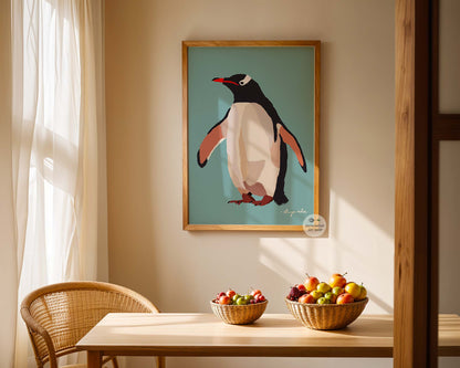 Minimalist penguin wall art in black, white, and coral tones with bold teal backdrop