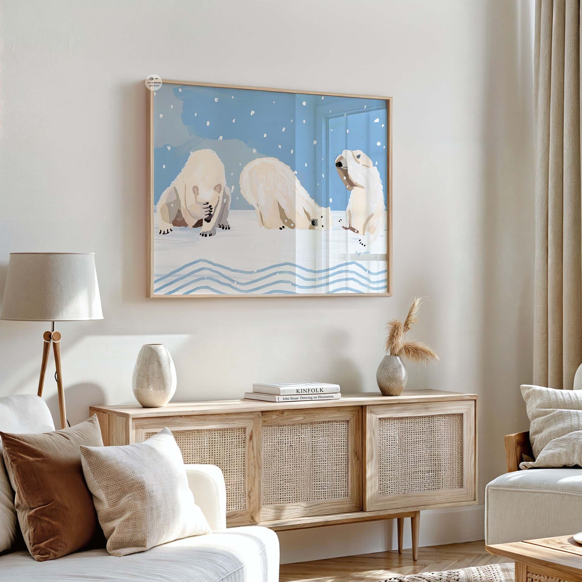 Playful polar bear artwork featuring three bears in snowy Arctic scene for cozy interiors