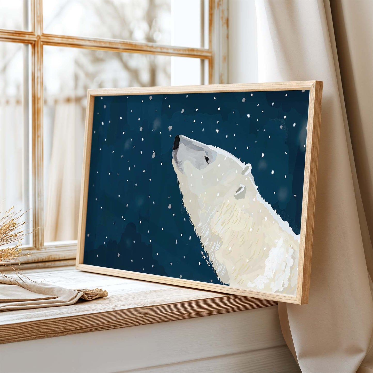 Majestic polar bear illustration under dark blue sky with falling snowflakes, archival print