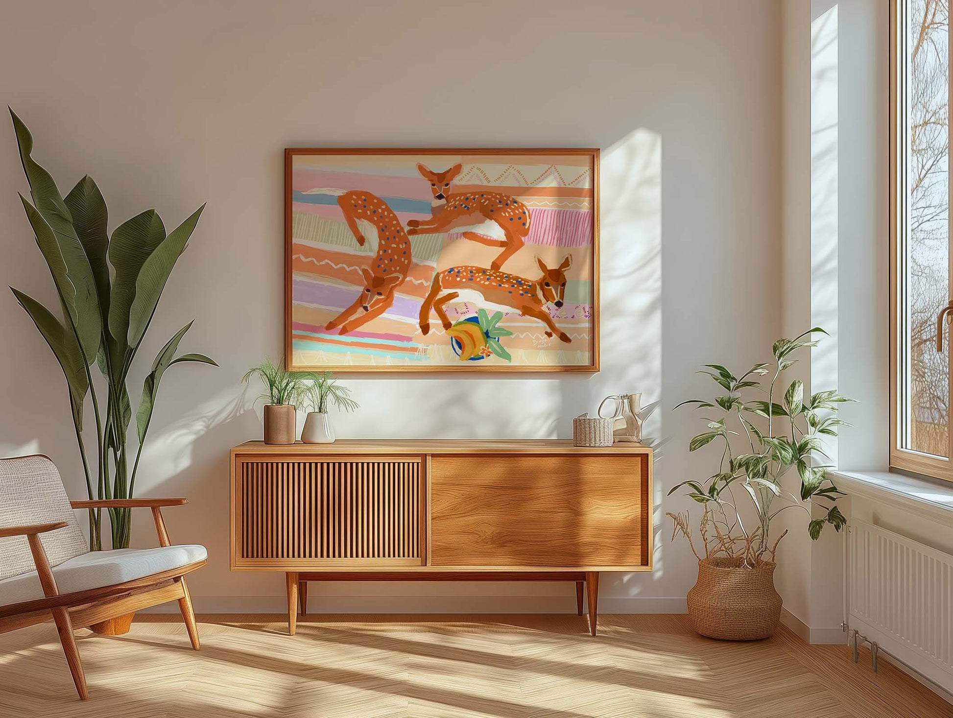 Modern deer wall art with dotted patterns and pastel abstract background for nature-inspired decor