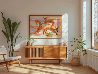 Modern deer wall art with dotted patterns and pastel abstract background for nature-inspired decor
