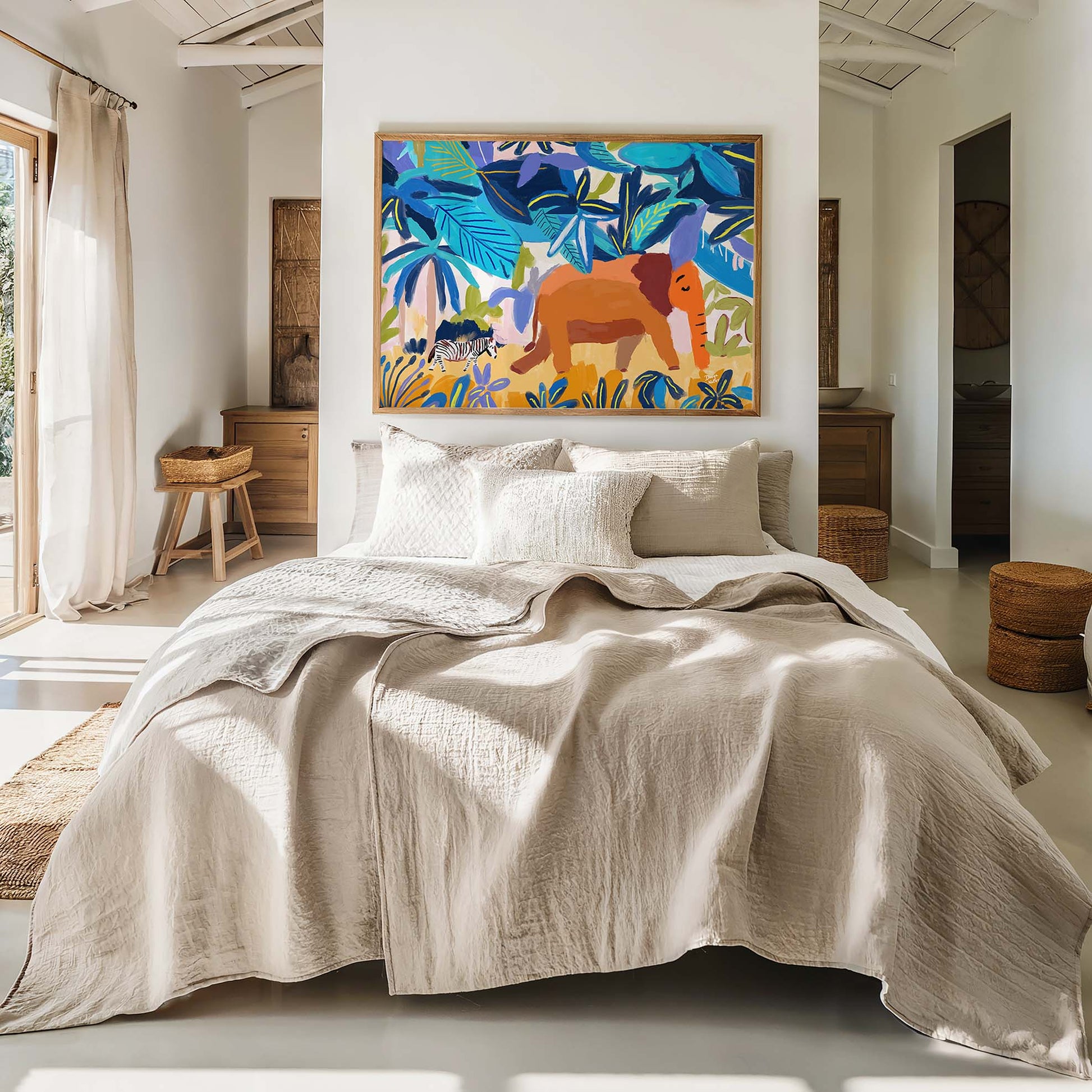 Colorful jungle wall art featuring elephant and zebra, safari wildlife giclée print