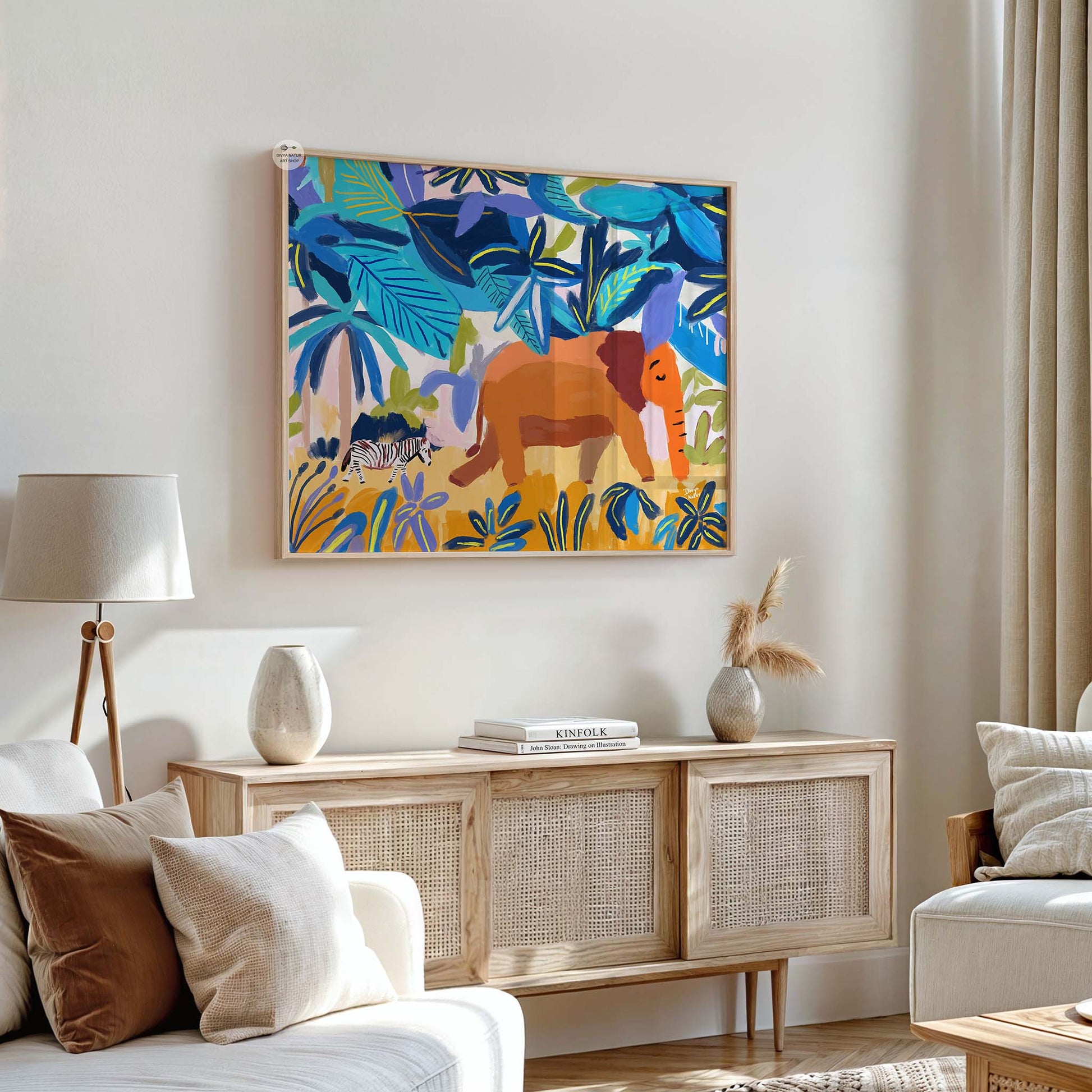 Elephant and zebra duo artwork with lush foliage, safari-inspired fine art print for homes
