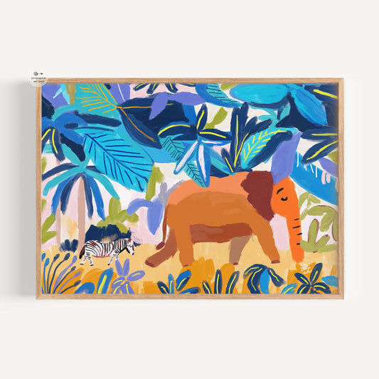 Elephant and baby zebra in vibrant jungle scene with bold tropical leaves, safari fine art print