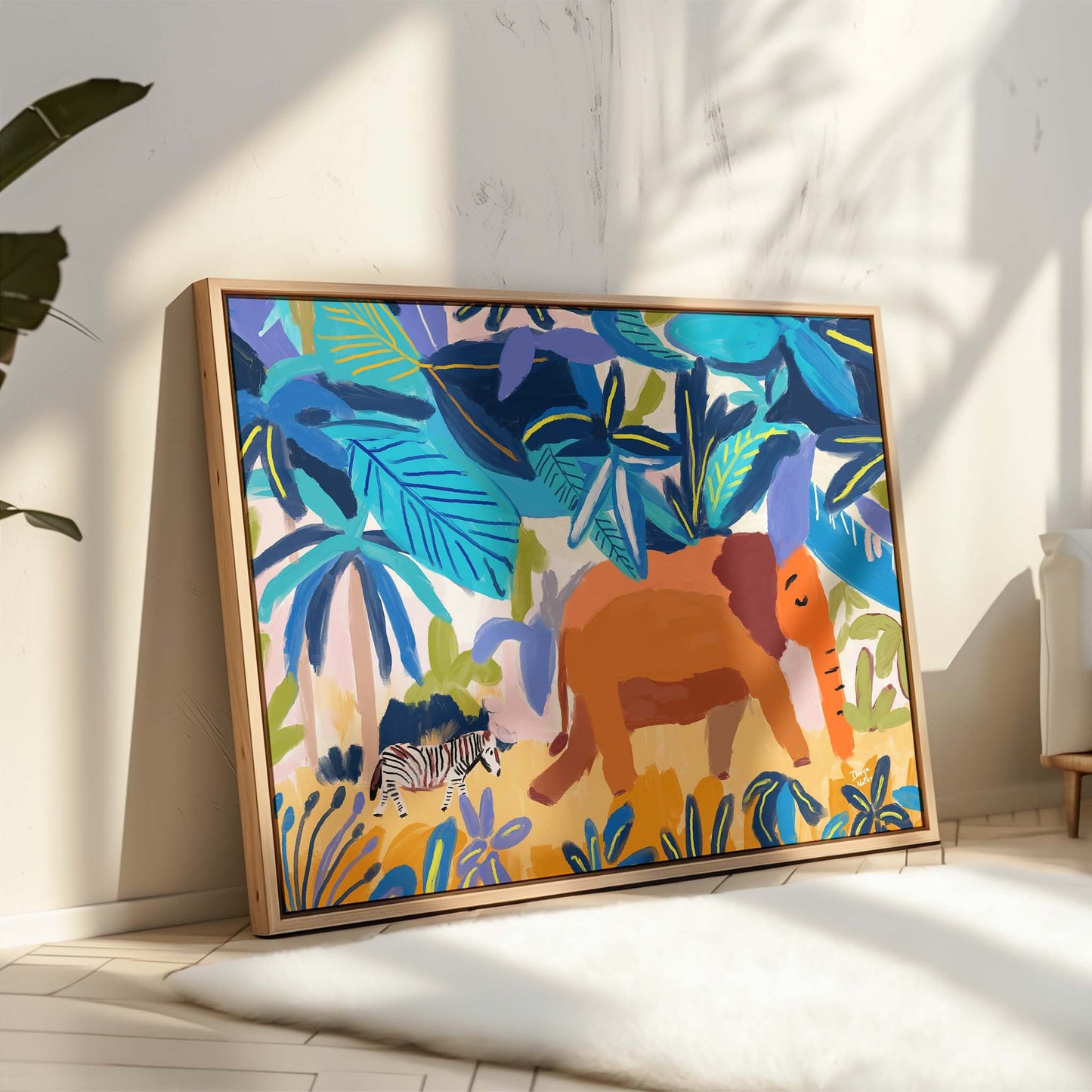 Playful safari jungle wall décor with elephant and zebra illustration in vibrant colors