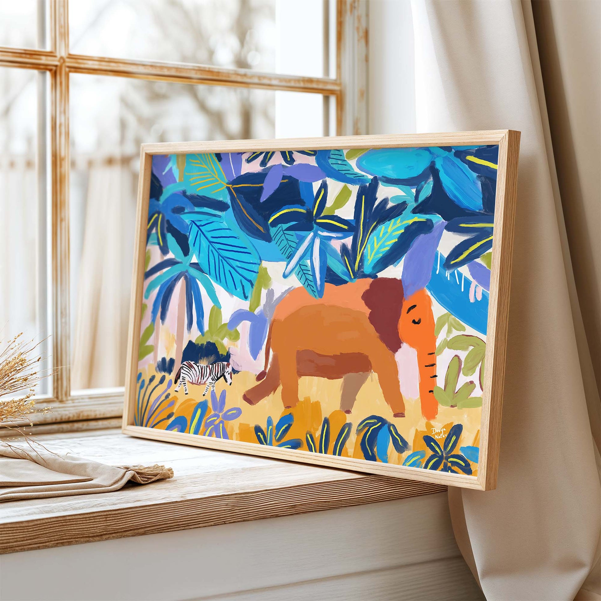 Elephant and zebra nursery wall art with jungle theme, safari fine art print