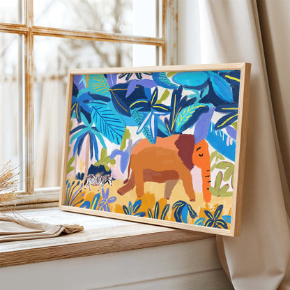 Elephant and zebra nursery wall art with jungle theme, safari fine art print