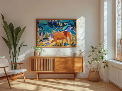 Jungle elephant and zebra illustration with tropical leaves in bold blues and greens