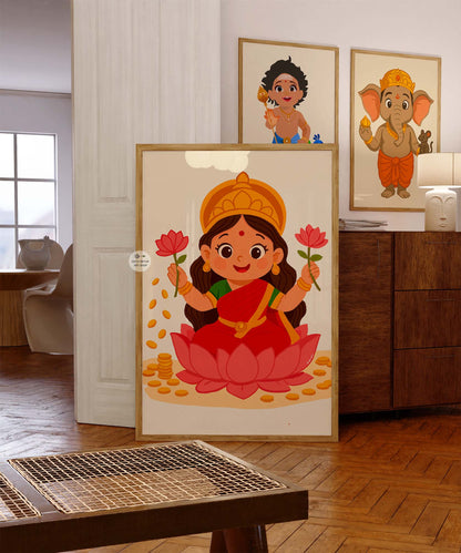 Cartoon-style Baby Lakshmi wall print with lotus flowers and prosperity theme